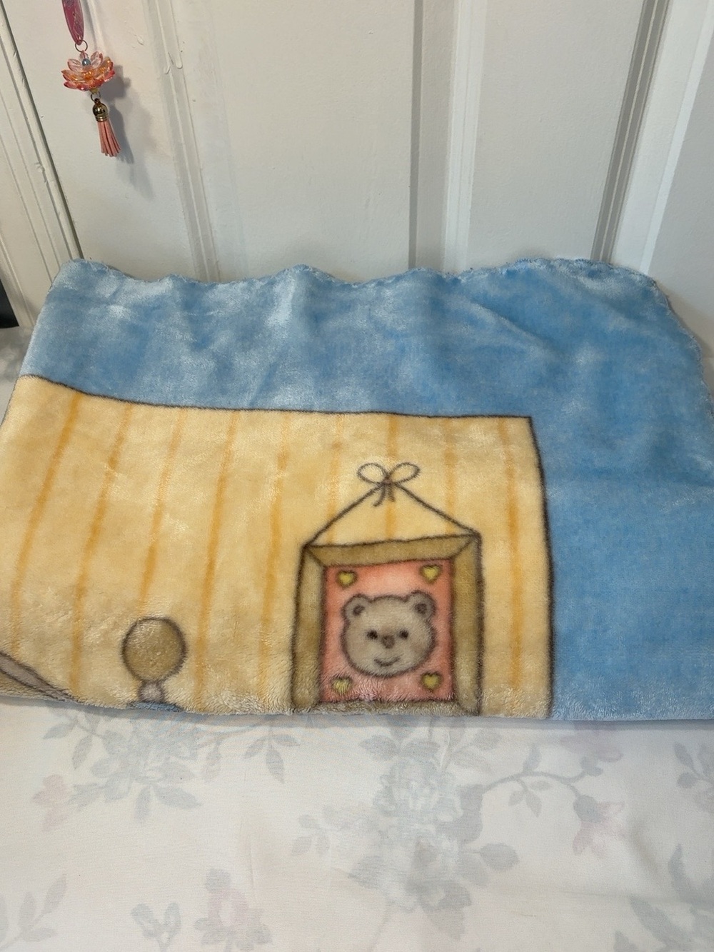 Cozy Plush Baby Blanket in Blue and Cream with Teddy Motif